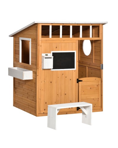  Casetta per Bambini in Legno da Esterno con Porta, Finestre, Panca, Portavasi 122x108x135.5cm Gialla
