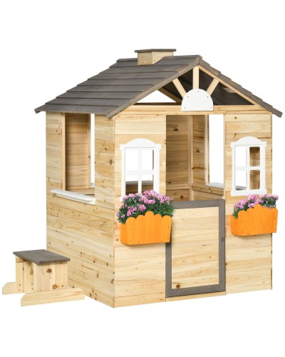  Casetta Bimbi 3-7 Anni a 2 Finestre con Portavasi e Panchina, in Legno di Abete e PP, 113Lx94x134.5 cm