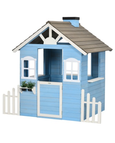 Kids Playhouse 3-7 Years with Fence, Planters, Door and Windows, Fir Wood, 151x112.5x142 cm, Blue