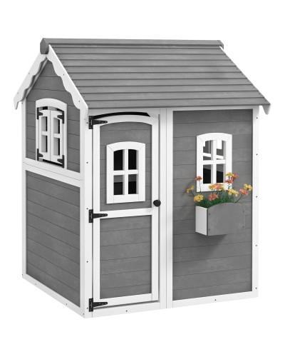  Casetta per Bambini 3-8 Anni con 6 Finestre e Fioriera, in Legno di Abete, 104.5x110x137 cm, Grigia