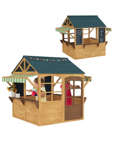  Casetta per Bambini 3-8 Anni con 5 Finestre e 2 Lavagne, in Legno di Abete, 173x117x144 cm, Marrone e Blu