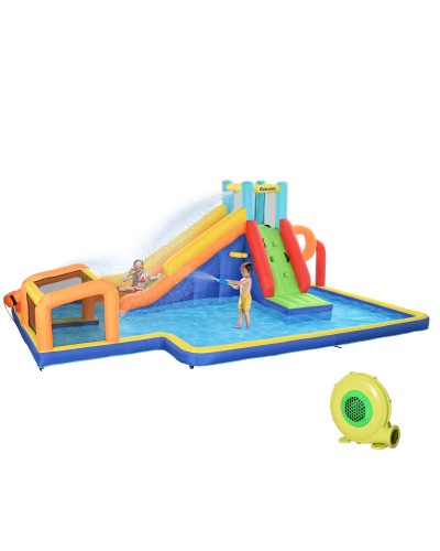 3-8 Year Old Kids Inflatable Castle with Slide, Wall, Door, and Basketball Hoop, Oxford Fabric, 590x460x220 cm