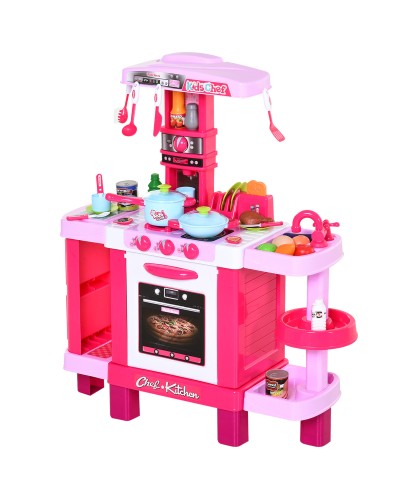 Kids Toy Kitchen with 38 Accessories, Realistic Lights & Sounds, 78x29x87 cm, Pink