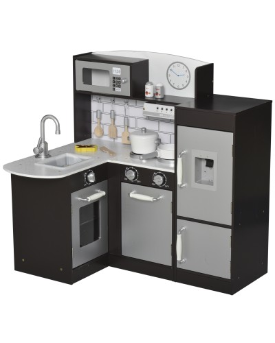 Wooden Kids Kitchen Playset with 14 Accessories, Oven, Sink, Fridge & Microwave, 3+ Years, 86x64x84.5cm, Silver
