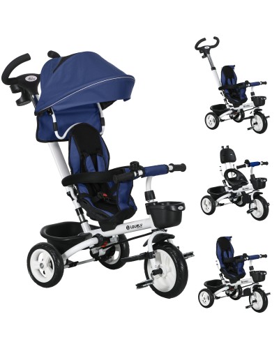  Triciclo Passeggino per Bambini con Maniglione, Parasole Regolabile e Cintura di Sicurezza, Blu Scuro