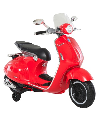 Officially Licensed Vespa Kids Electric Motorcycle, 2 Training Wheels, Lights and Sounds, 108x49x75 cm, Red