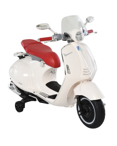 Licensed Vespa Kids Electric Ride-On Motorcycle, 2 Training Wheels, Lights and Sounds, 108x49x75 cm, White