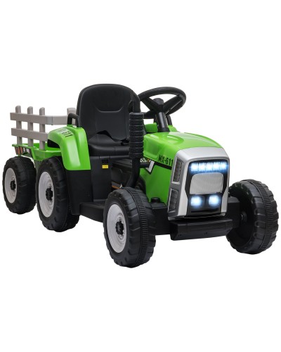  Trattore Elettrico per Bambini 3-6 Anni con Rimorchio Rimovibile, Batteria 12V e Telecomando, Verde