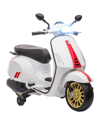  Moto Elettrica per Bambini a Licenza Vespa con Rotelle, Fanale e Musica, in PP e Metallo, 107x47x73 cm, Bianco