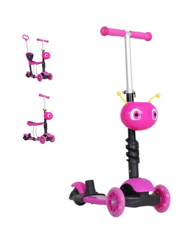  Monopattino 3 Ruote per Bambini con Sedile e Maniglione, Manubrio con Altezza Regolabile, 62x25x72.5cm Rosa