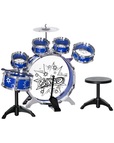  Set Batteria per Bambini con Grancassa con Pedale, Tamburi, Piatto e Sgabello, Età 3-6 Anni, Blu