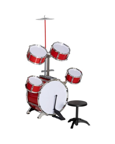  Set Batteria per Bambini da 5 Pezzi con Grancassa con Pedale, Tamburi, Piatto e Sgabello, Età 3-6 Anni, Rosso