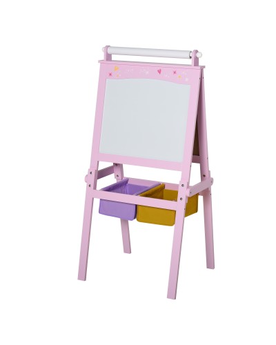  Lavagnetta per Bambini in Legno Rosa con Cavalletto 3 in 1: Lavagna Bianca, Nera e con Rullo Fogli di Carta