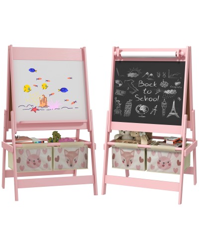  Lavagna per Bambini con Cavalletto 3 in 1 e 2 Contenitori, Età 3-8 anni, 54x46.5x93cm, Rosa