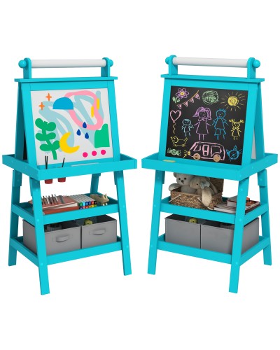 3-in-1 Kids Easel with Paper Roll & 2 Bins, Wooden, 59x48x118 cm, Blue