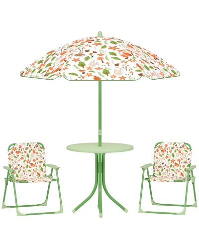 Kids Garden Set 2-5 Years with Round Table, 2 Folding Chairs, and Umbrella, Green