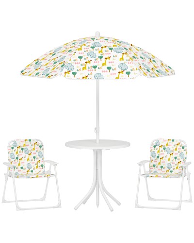  Set da Giardino per Bambini 2-5 Anni con Tavolino Rotondo, 2 Sedie Pieghevoli e un Ombrellone, Bianco