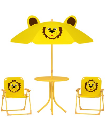  Set da Giardino per Bambini 2-5 Anni con Tavolino Rotondo, 2 Sedie Pieghevoli e un Ombrellone, Giallo