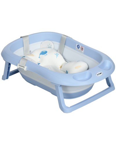 Foldable Baby Bathtub 0-6 Years with Cushion and 2 Shelves, 83x48x23.5 cm, Blue and White