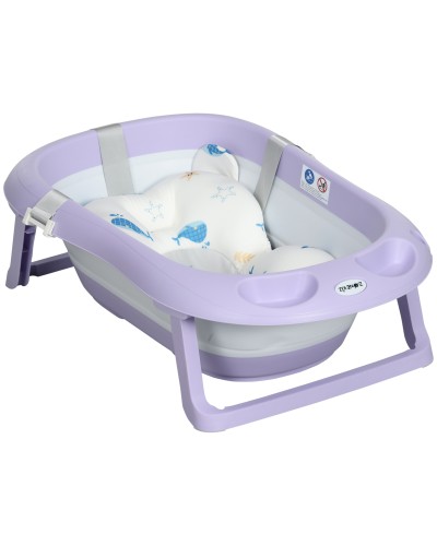 Foldable Baby Bathtub 0-6 Years with Cushion and 2 Shelves, 83x48x23.5 cm, Purple and White