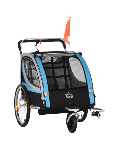 2-in-1 Child Bike Trailer and Stroller with Harness, Pockets, and Flag, Blue