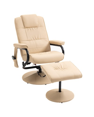  Poltrona Relax con Pouf Poggiapiedi Reclinabile a 145° con 10 Punti Massaggio e Telecomando in Finta Pelle, Crema
