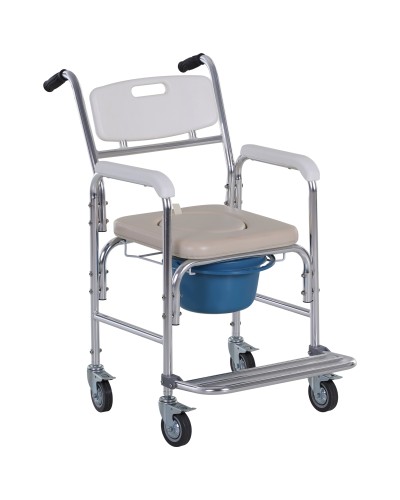  Sedia a Rotelle Impermeabile con WC Seduta in Ecopelle, 4 Ruote, Vaso Rimovibile per Anziani/Disabili, 84x54x96cm