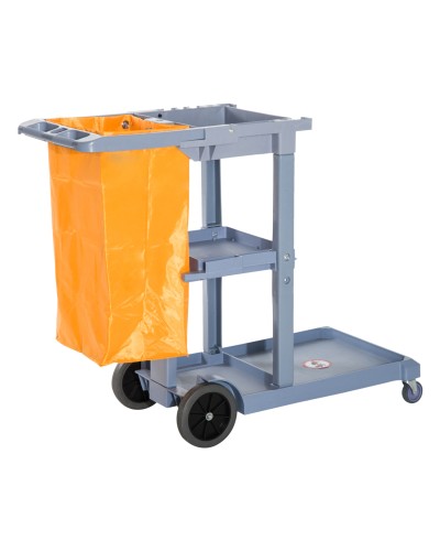 Professional Cleaning Cart with 3 Shelves, Broom Holders, 4 Wheels, and 100L Bag, Orange 121 x 50.5 x 96.5cm