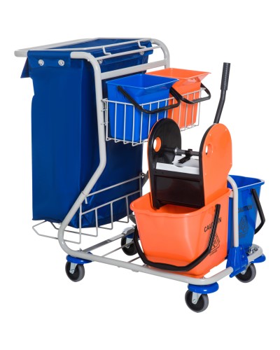 Professional Cleaning Cart with Trash Bag, 2 x 18L Mop Buckets, 2 x 6L Storage Buckets, Wringer
