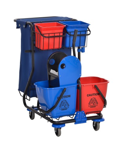 Cleaning Cart with Waste Bag, 4 Buckets, and Mop Wringer, 93x80x97 cm, Red Blue and Black