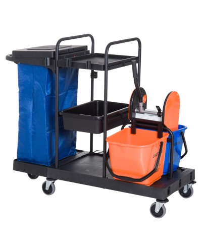 Professional 3-Tier Cleaning Cart with Trash Bag, Broom Holders, Mop Bucket with Wringer