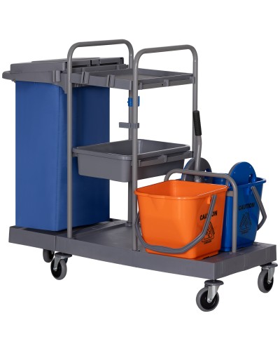 3-Tier Cleaning Trolley with Waste Bag and Mop Wringer, 111x63.3x103 cm, Grey Blue and Orange