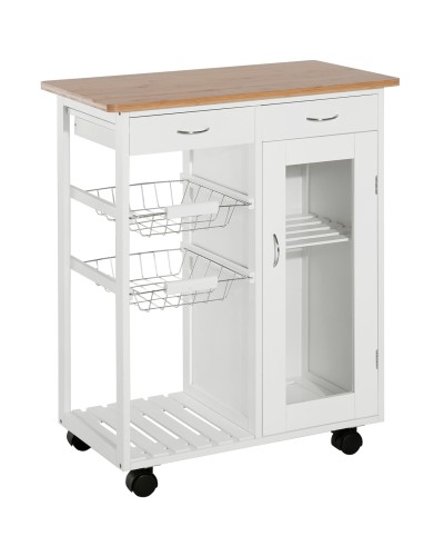 Kitchen Trolley Cart with Wheels, Drawers, and 2 Baskets, Pine Wood Space-Saving Kitchen Island, White, 70 x 37 x 85cm