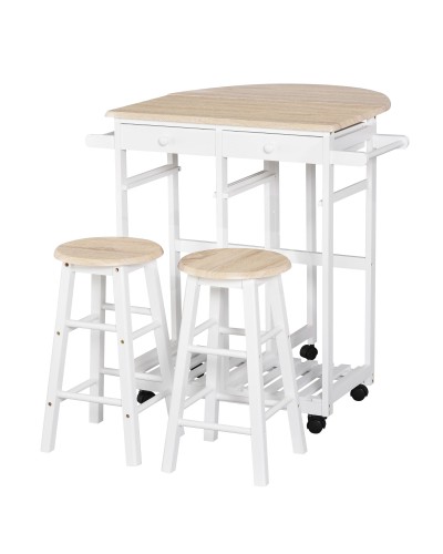  Carrello da Cucina Pieghevole, Mobile da Cucina Salvaspazio con 2 Sgabelli 2 Cassetti 5 Ruote (Rotazione 360°), Legno MDF Bianc