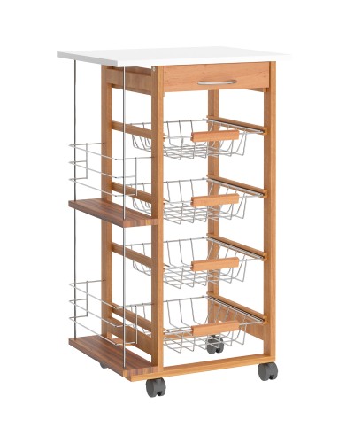  Carrello da Cucina in Legno Marrone con 1 Cassetto e 4 Cestelli Metallici