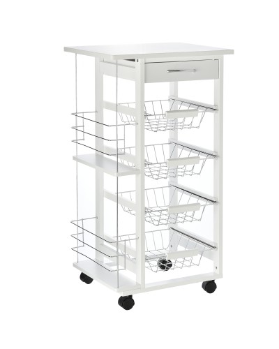  Carrello da Cucina Salvaspazio in Legno Bianco, Portavivande con 1 Piano di Lavoro 1 Cassetto e 4 Cestelli Metallici, 47x37x83c