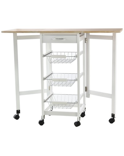 6-Wheel Folding Kitchen Trolley with 3 Baskets, Drawer, and 2 Flaps, MDF and Metal Serving Cart, 37x37x7
