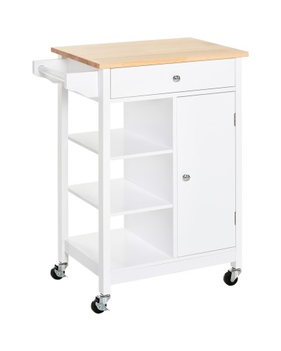 Space-Saving Kitchen Cart in MDF with Rubberwood Worktop, Drawer, Cabinet, 3 Shelves, Adjustable Shelves
