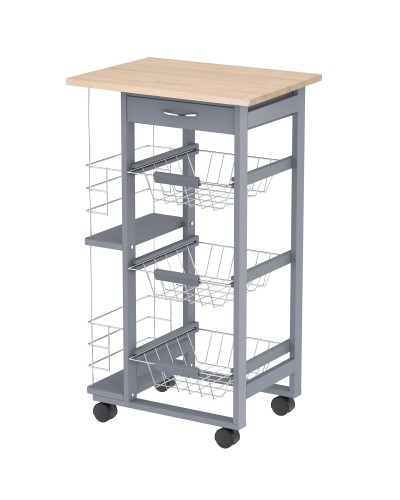  Carrello da Cucina con Cassetti Estraibili e 2 Portabottiglie, in Legno di Pino e Metallo, 47x37x83 cm