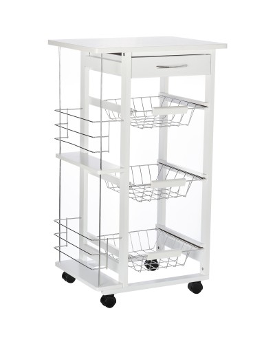  Carrello Isola da Cucina Salvaspazio in Legno di Pino, Carrello Portavivande con 4 Ruote Cassetto 3 Cesti Estraibili Portafrutt