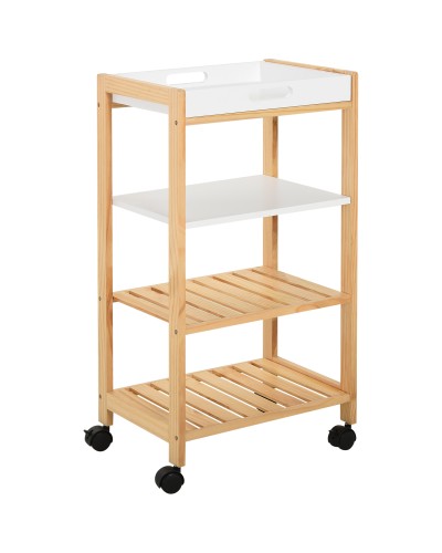  Carrello da Cucina a 4 Livelli in MDF e Legno di Pino con 4 Ruote Girevoli, 40x30x76 cm, Bianco e Marrone