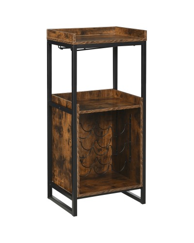 Industrial Style Mobile Wine Rack with 9-Bottle Wine Storage and Glass Holder, Brown