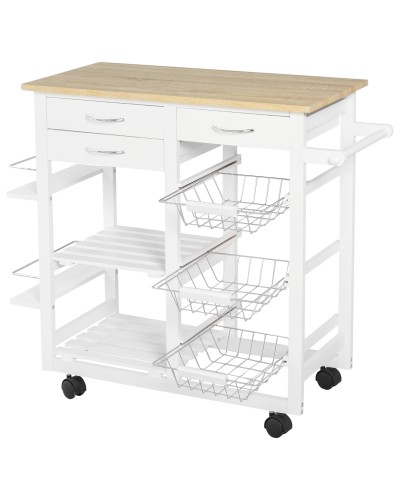 Solid Wood Kitchen Trolley Cart on Wheels: 3 Drawers, 3 Baskets, 2 Spice Racks, 2 Shelves