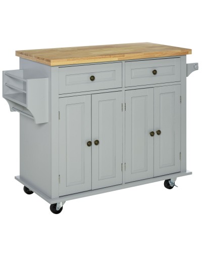 Kitchen Cart with 2 Drawers & 2 Cabinets, Wooden Top, Spice Rack & Towel Rail, Grey