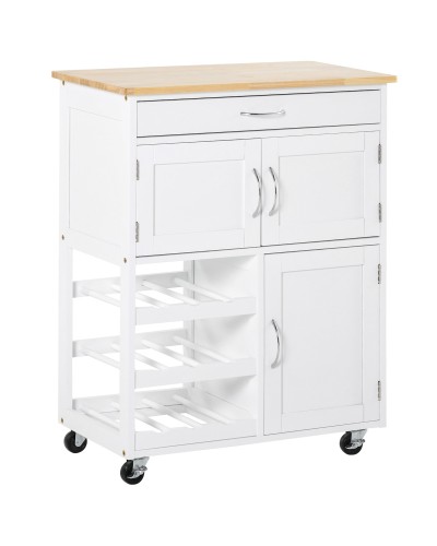  Carrello Cucina con Portabottiglie, 3 Ante, 4 Ruote e Cassetto, Mobiletto Cucina Salvaspazio per Microonde e Spezie in Legno, 6