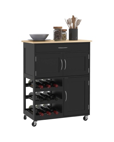  Carrello da Cucina in Legno con Portabottiglie, 3 Ante e Cassetto, 67x37x87 cm, Nero e Rovere