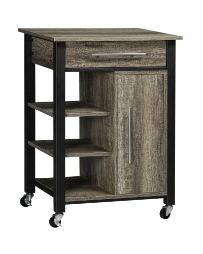  Carrello da Cucina Portavivande con Cassetto, Mensole, Armadietto e 4 Ruote, Legno Truciolare, 60x50x84.5cm, Quercia