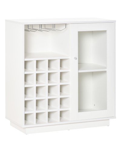  Mobiletto Portabottiglie Vini con Porta Calici e Armadietto, Capacità 20 Bottiglie, 80x36x85 cm, Bianco
