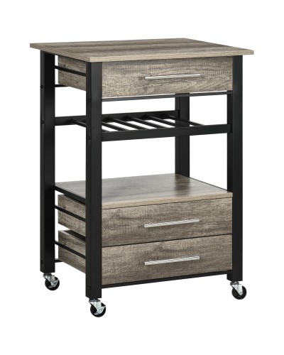  Carrello da Cucina Portavivande con 3 Cassetti e Mensola, Mobiletto Multiuso in Legno Truciolare, 60x50x84.5cm, Quercia