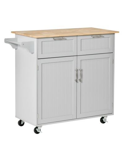 Multipurpose Wooden Kitchen Cart with 2 Drawers, Cabinet and 4 Wheels, 104x46x91cm, Grey